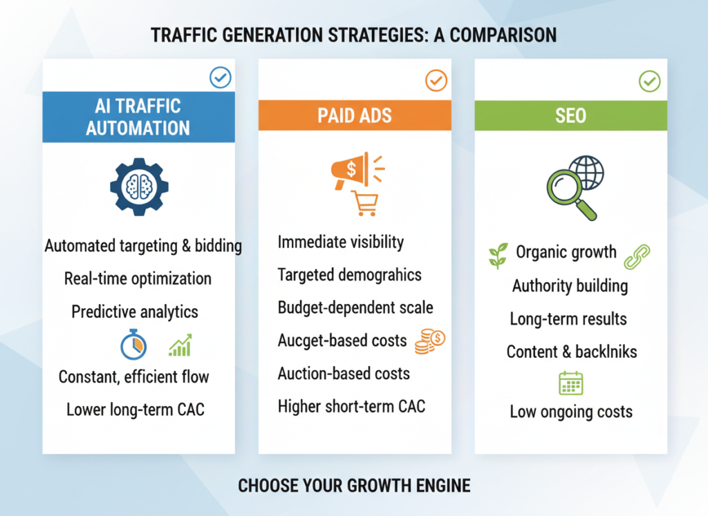 AI Traffic Whale comparison with ads and SEO
